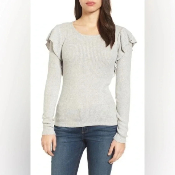 Lucky Brand | Grey Ruffle Shoulders Ribbed Lightweight Sweater Size XS - Picture 1 of 5